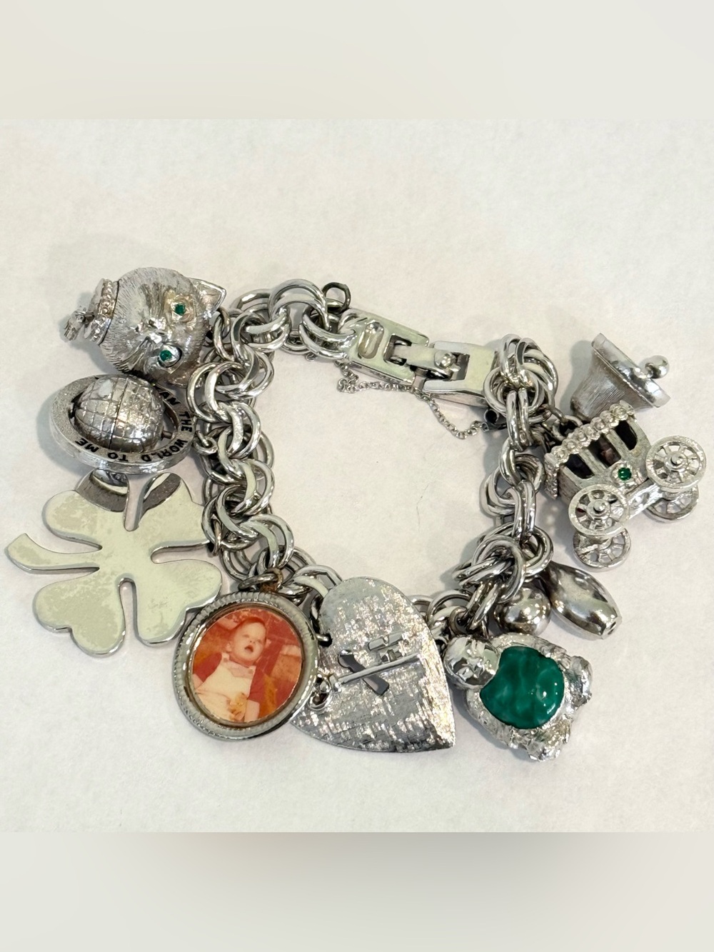 Vintage Monet Double Link Silver Tone Charm Bracelet 7.75” Chunky Heavy